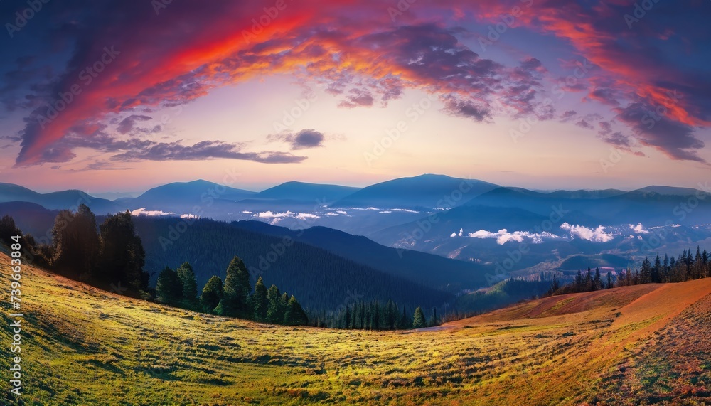 Fantastic morning mountain landscape. Overcast colorful sky