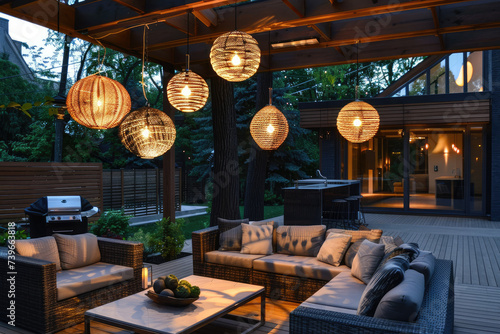 A modern outdoor living room with unique hanging lighting fixtures