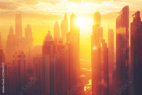 Warm golden sunrise over modern city skyline with towering skyscrapers, possibly suited for business concepts or urban development themes, with space for text