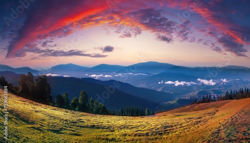 Fantastic morning mountain landscape. Overcast colorful sky