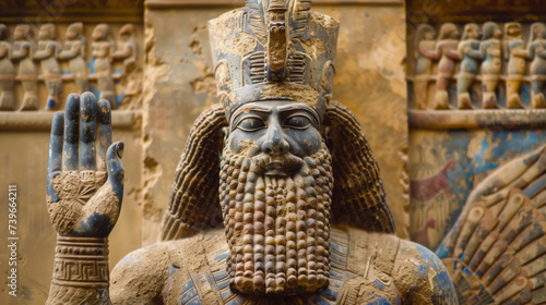 Close-up of an ancient Mesopotamian statue with intricate beard detail, traditional headgear, and raised hand, ideal for historical or cultural backgrounds