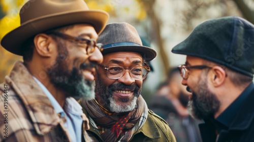 Three joyful African American men engaged in a friendly conversation, wearing stylish autumn attire with hats and scarves, blurred golden foliage background