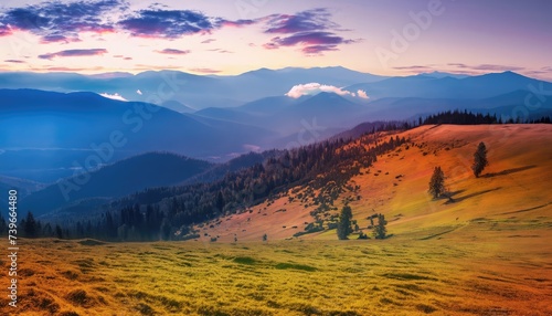 Fantastic morning mountain landscape. Overcast colorful sky