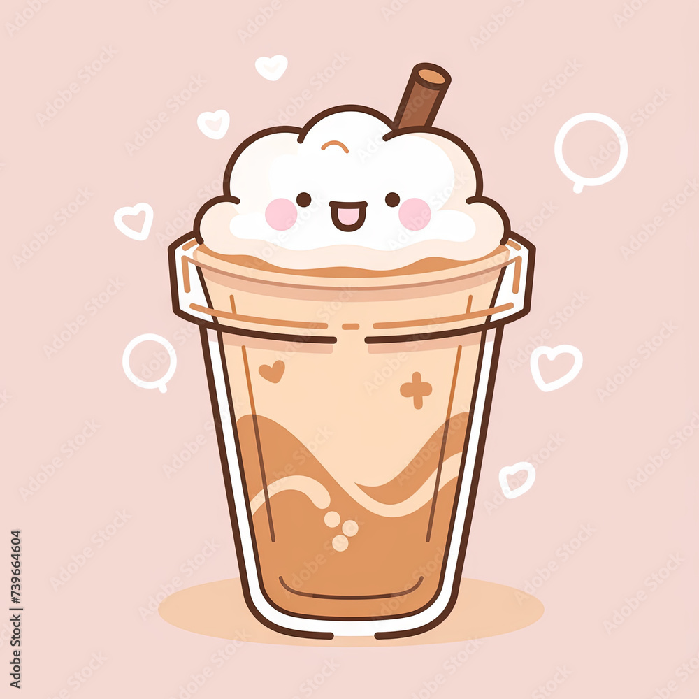 Kawaii Style Coffee, Latte Drink, Cute Illustration Vecto