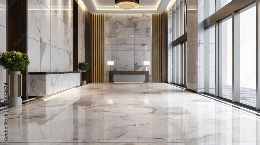Luxurious modern hotel lobby interior with marble floors, trendy reception desk, and large windows, ideal background with copy space for hospitality and real estate concepts