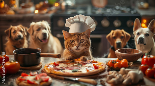 Whimsical scene with a cat in a chef's hat in front of a pizza, surrounded by three attentive dogs, in a cozy kitchen setting  perfect for culinary or pet-related topics with copy space © fotogurmespb