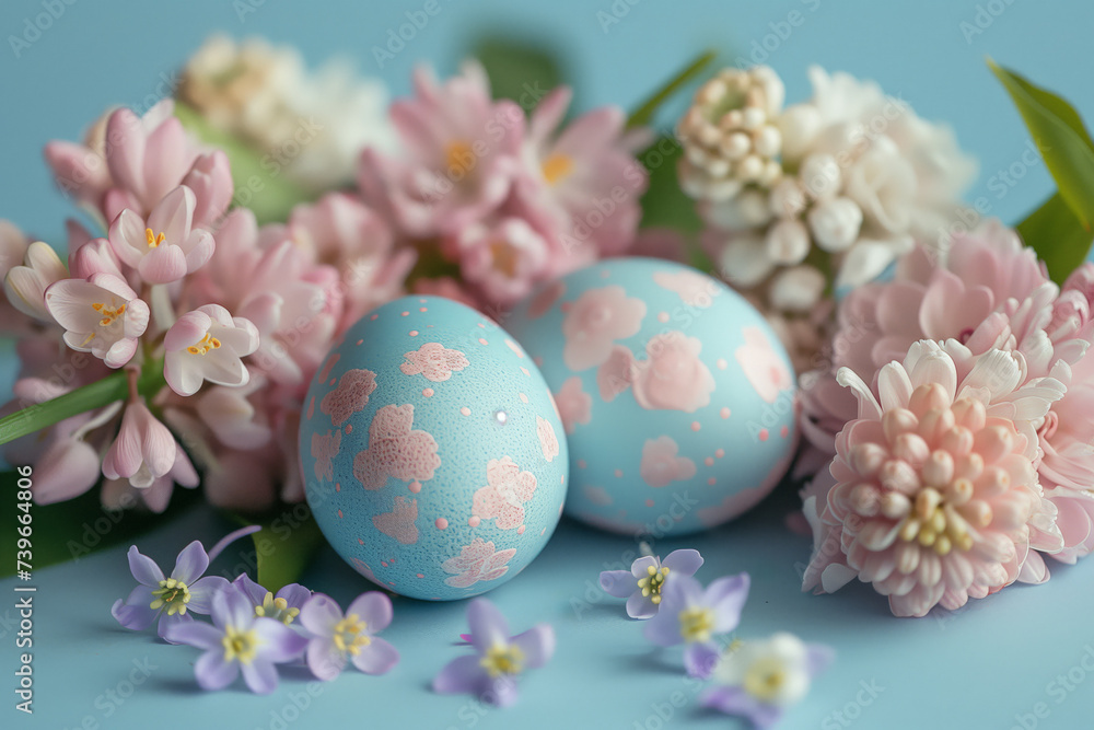 Easter concept with pastel blue decorated eggs and a variety of pink spring flowers on a solid blue background, with copy space for text