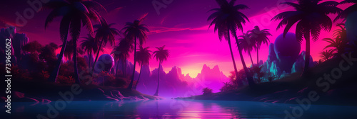 Sunset on the beach with neon color style look, Illustration.