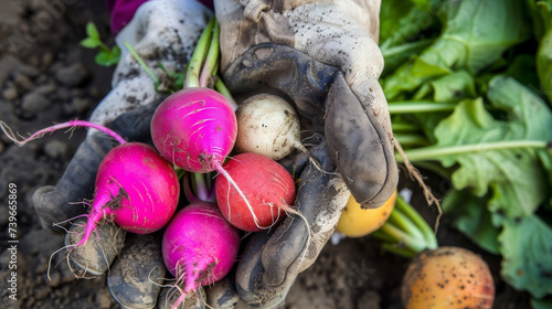 A handful of colorful radishes their round bodies and bright hues reminiscent of autumn leaves. A pair of worn gardening gloves rests beside them a testament to the hard work photo