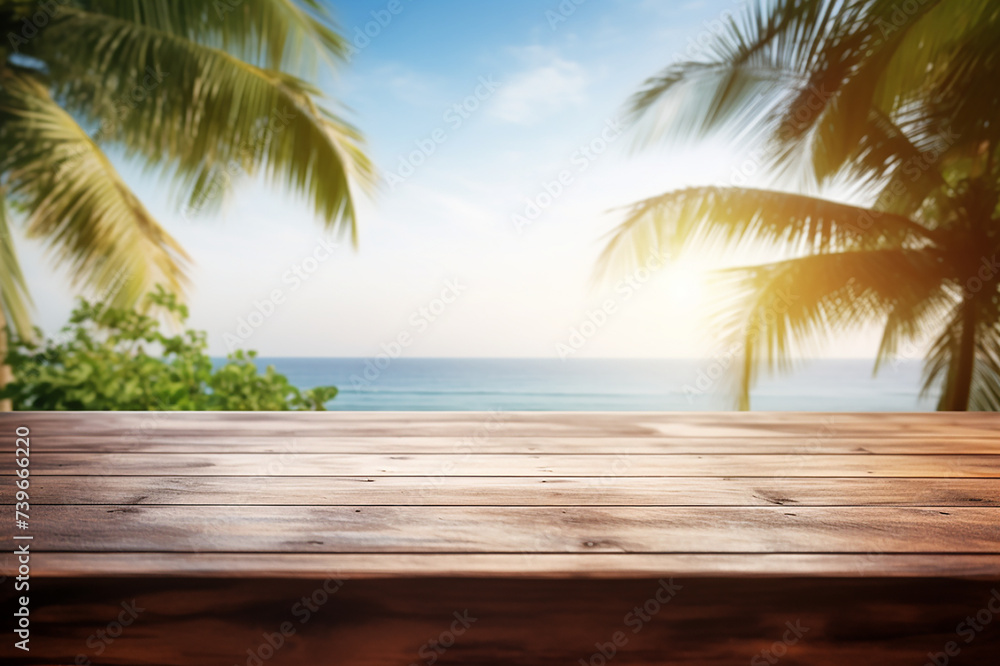 Top of wood table with seascape and palm tree, blur bokeh light of calm sea and sky at tropical beach background. summer vacation background concept. Top of wood table with seascape and palm tree, blur bokeh light of calm sea and sky at tropical beach background. summer vacation background concept.