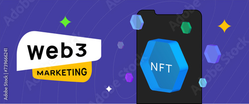 Web3 in marketing and advertising. Uncover decentralized strategies, NFT tokens, blockchain innovations and user-centric approaches. Web3 header, vector illustration with icons on purple background