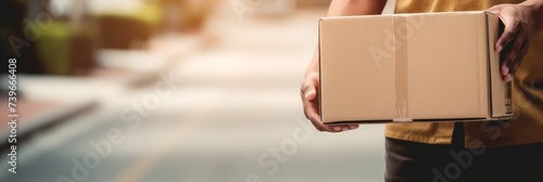 The hands of the delivery man carry the package to deliver. Delivery man's hand holding brown box, transport truck background Detail of a delivery man holding a labeled cardboard package.