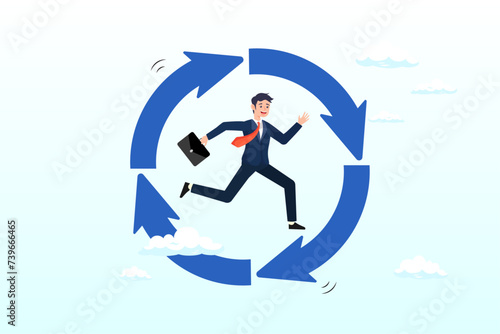 Businessman running on habit circle arrow diagram, working habit, life cycle or daily routine behaviour, agile development, discipline or working efficiency, procedure or process to success (Vector)