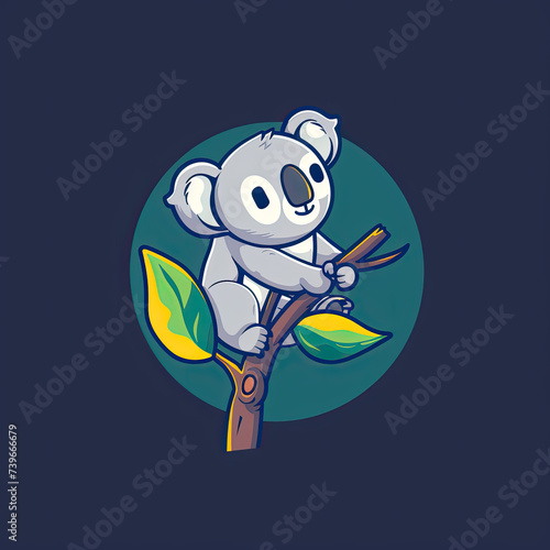 flat logo of Vector cute koala cartoon on a tree photo