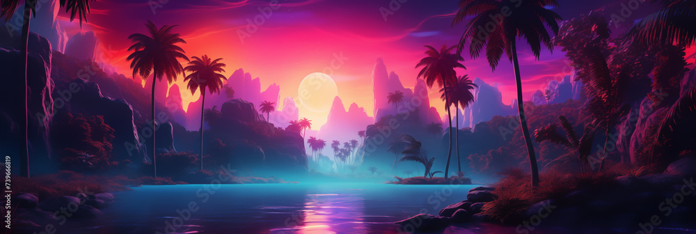 Sunset on the beach with neon color style look, Illustration. Sunset on the beach with neon color style look, Illustration.