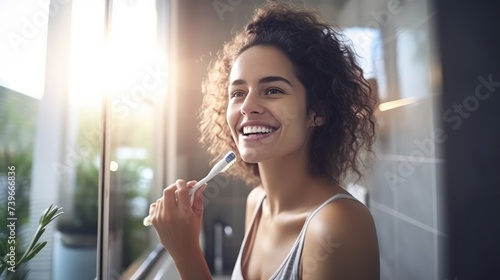 A Smiling young woman brushing her teeth in the bathroom Beautiful woman in the bathroom cleaning her teeth in the morning Happy young woman looks in the mirror while using an ecological toothbrush. photo
