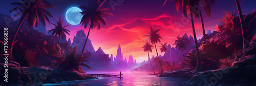 Sunset on the beach with neon color style look  Illustration.