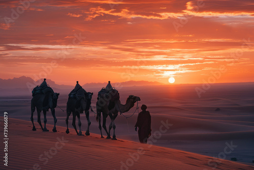 Berber man leading camel caravan at sunset. A man leads two camels through the desert