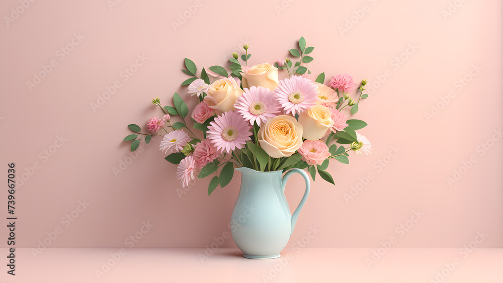 3D Stylish Bouquet Flower in Porcelain Ceramic Vase Isolated on Pastel Background. Minimalist Floral Element Decoration Concept for Birthday, Mother's Day, Valentine's Day.