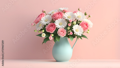 3D Clean Bouquet Flower in Porcelain Ceramic Vase Isolated on Soft Pastel Background. Pristine Floral Element Decoration Concept for Birthday, Mother's Day, Valentine's Day. © Jati