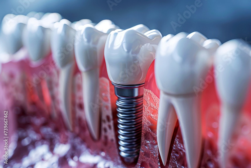 Dental implantation, teeth with implant screw, .AI generative photo