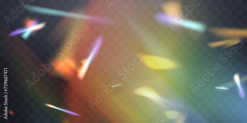Blurred rainbow refraction overlay. Damaged photo film texture effect. Iridescent gradient on black background. Vector abstract illustration.
