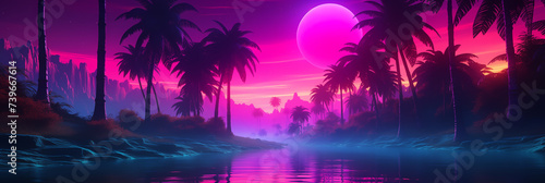 Sunset on the beach with neon color style look, Illustration.