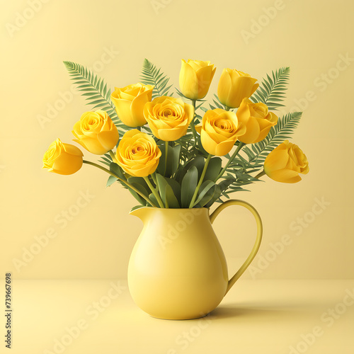 3D Floral Bouquet in Porcelain Ceramic Vase on Yellow Pastel Background: Stunning Element for Fashion, E-commerce, and Beauty Care Banners.