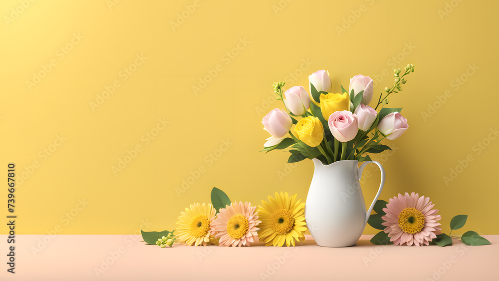 3D Floral Arrangement in White Porcelain Vase on Pastel Background: Chic Element for Fashion, E-commerce, and Beauty Care Banners.