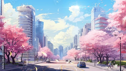 Spring city landscape with sakura tree on anime cartoon style. Seamless 4k loop animation background photo