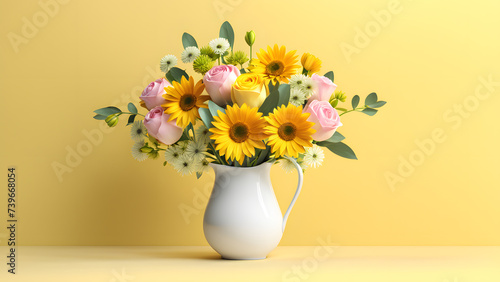 Wallpaper Mural 3D Beauty Bouquet in Ceramic Vase on Yellow Pastel Background: Graceful Element for Fashion, E-commerce, and Beauty Care Banners. Torontodigital.ca