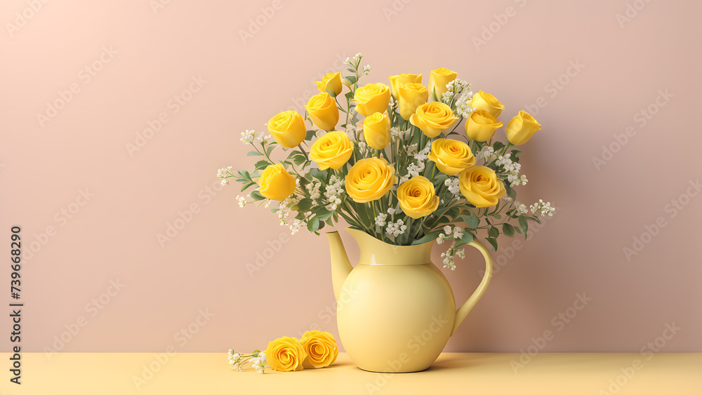 3D Floral Bouquet in Porcelain Ceramic Vase on Pastel Background: Magnificent Element for Fashion, E-commerce, and Beauty Care Banners.