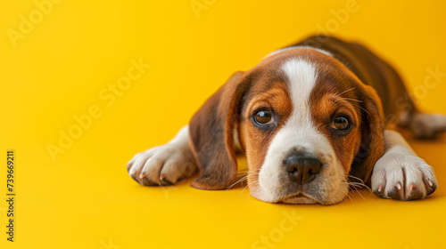 Photo of Beagle puppy making a sad face on soft pastel yellow background