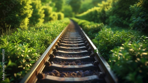 A railway track surrounded by greenery symbolizing the benefits of utilizing trains for transportation over trucks or planes in terms of cost and environmental impact.