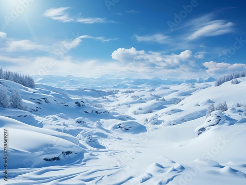 Snow Landscape with Mountains at Day. Generative AI