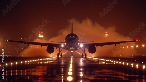 A groundlevel shot of a plane landing on an illuminated airstrip at night leaving behind a trail of smoke and lights. © Justlight
