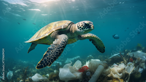 green sea turtle swimming in the polluted ocean surrounded with plastic and trash waste in the water environment illustration  © nawaitgraph