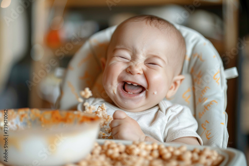 Laughing girl baby sits in baby chair eating porridge