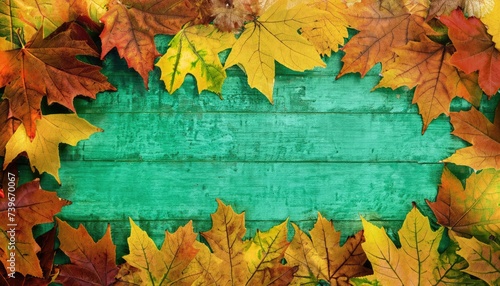 Autumn maple tree leaves arrangement leaving copy space on green grunge wooden background