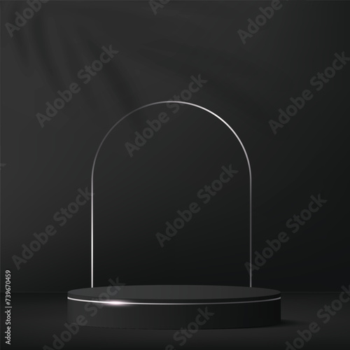 Modern black and silver cylinder pedestal podium. Cosmetic banner display. Vector