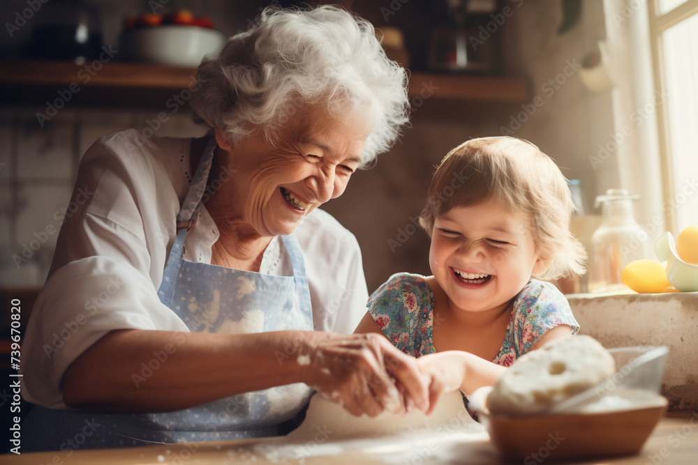Joyful Grandmother and Grandchild Sharing a Baking Moment in a Cozy Kitchen. Family Bonding and Tradition - obrazy, fototapety, plakaty 