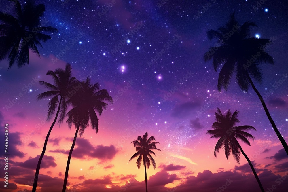 Silhouettes of palm trees against a vibrant. Generative ai