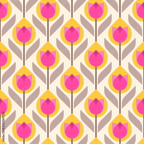 Retro cute geometric tulip seamless pattern background.