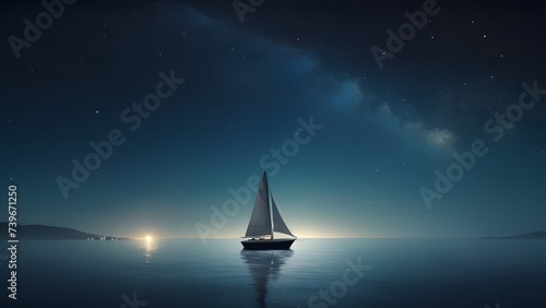 Sailboat Under Starry Night Sky, Tranquil Ocean, Nautical Journey