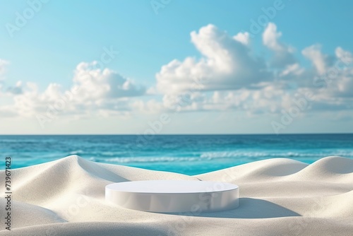 White podium placed on sand dunes blue ocean background, for product display presentation