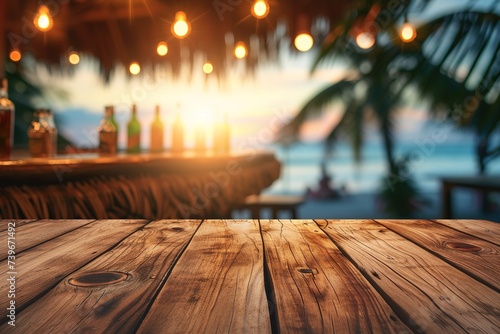 cafe bar wooden table display with beach background, sunset, for product display presentation