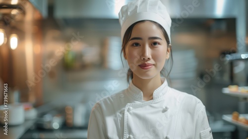 A portrait of a happy female Asian chef  wearing her white uniform in a hotel kitchen  with copy space
