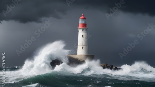 Lighthouse Amidst Stormy Waves Under Dark Cloudy Skies