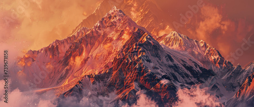 a sunset shot of mountain peaks covered in snow © Kien