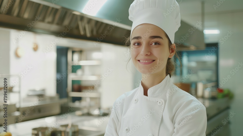 Portrait of a joyful young female chef in her white uniform, captured in a hotel kitchen, with ample copy space Portrait of a joyful young female chef in her white uniform, captured in a hotel kitchen, with ample copy space